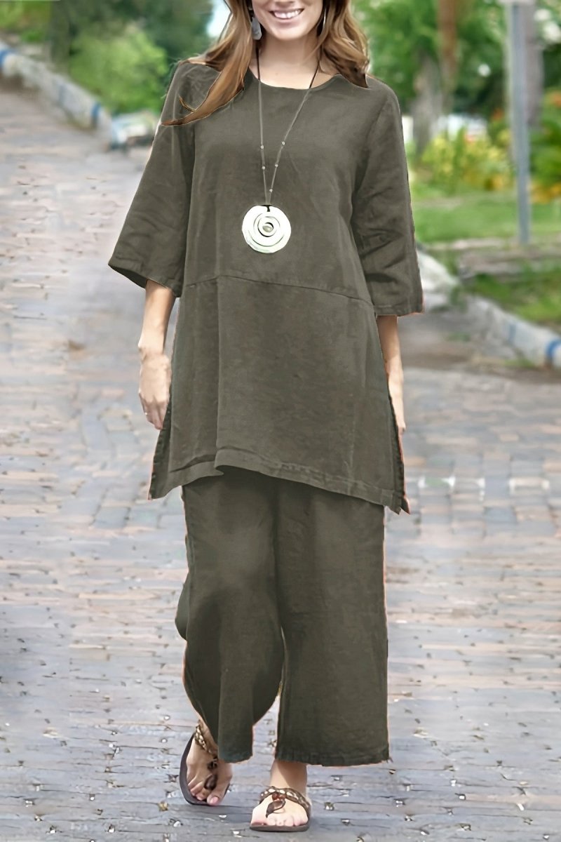 AUBRIANA – Plus Size Color-Block Linen Split Top & Wide-Leg Set