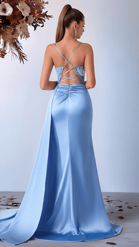 CELESTARA - Women’s Embroidered Lace Satin Slit Maxi Gown