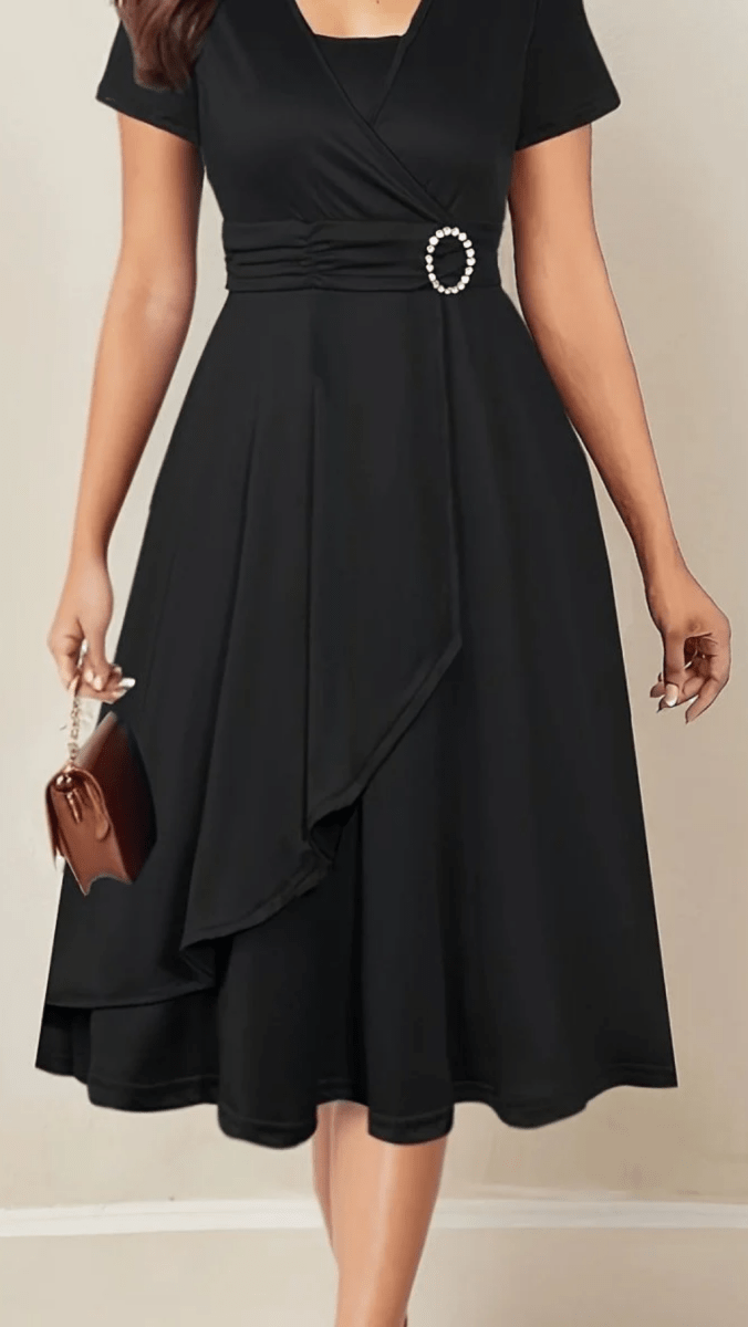 VELORÉA - Women’s Rhinestone V-Neck Asymmetrical Midi Dress