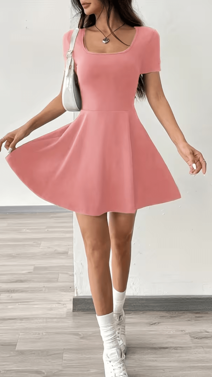 SOLÉNZA - Women’s Square Neck Fit and Flare Mini Dress