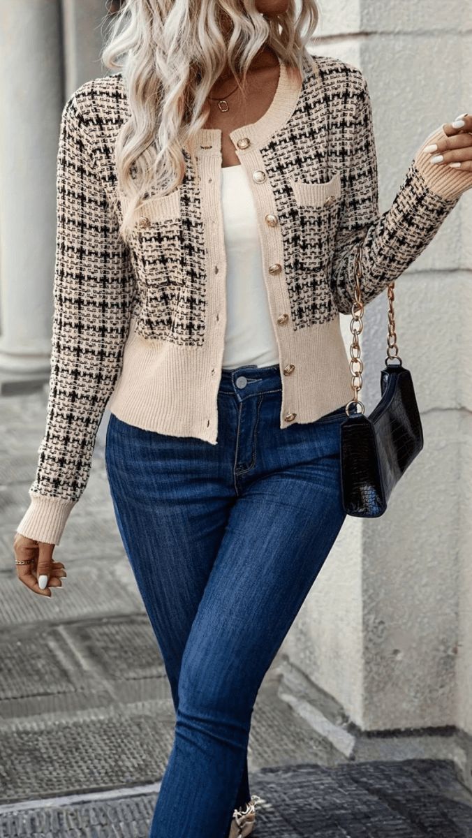 VIORELLA - Checked Button Knit Cardigan