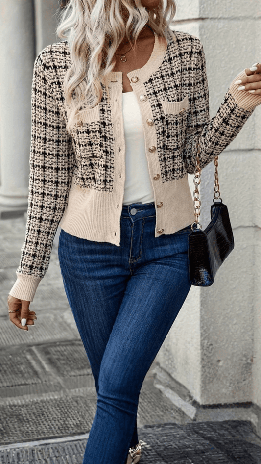 VIORELLA - Checked Button Knit Cardigan