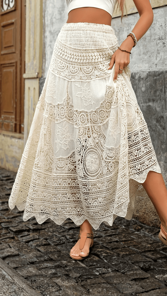ISOLÉA - Lace Tiered Boho Midi Skirt