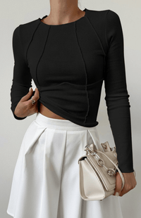 COZYELLE – Long Sleeve Cotton Blend Top Relaxed Fit with Elegant Piping