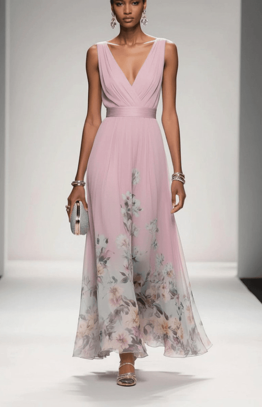 ELORIA – Elegant Floral Chiffon Maxi Dress for Women, Soft Flowing Fit