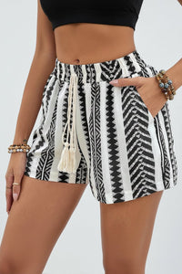 SOLEAWEAR - Women's Black & White Geometric Tassel Shorts Adjustable Comfort