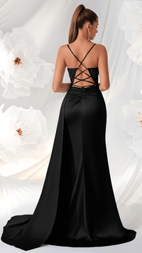 CELESTARA - Women’s Embroidered Lace Satin Slit Maxi Gown