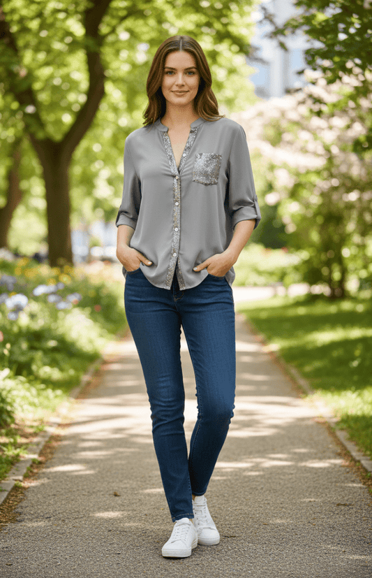 RAVINA – Soft Glitter Roll-Sleeve Blouse