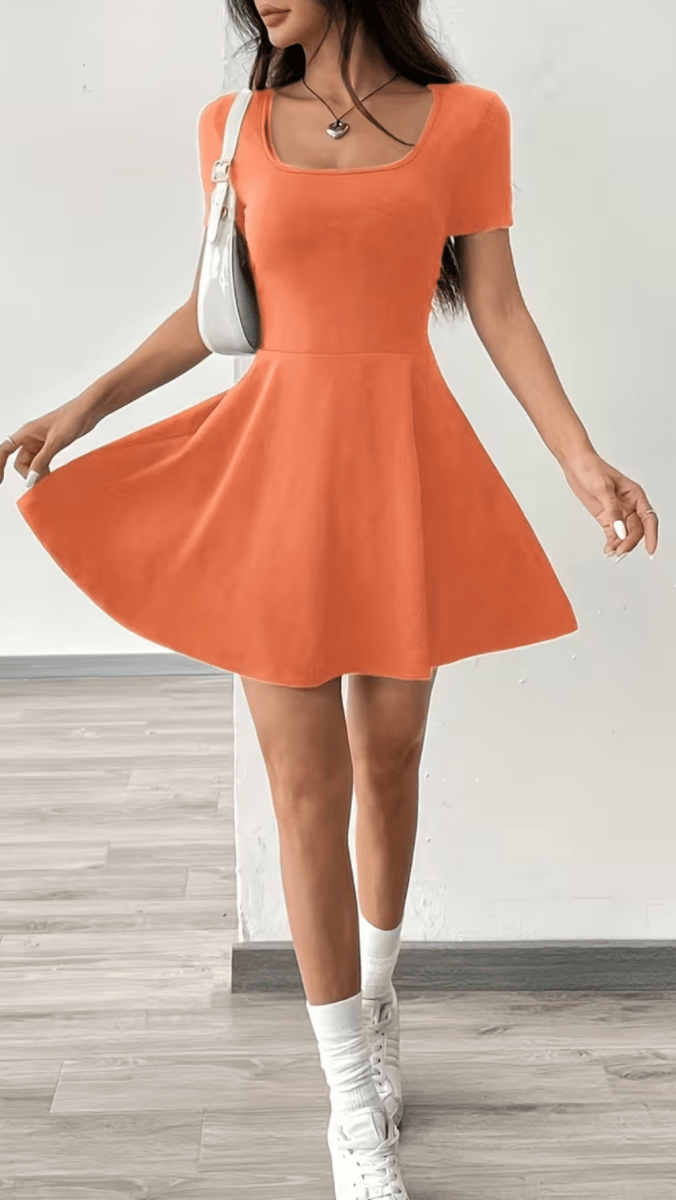 SOLÉNZA - Women’s Square Neck Fit and Flare Mini Dress