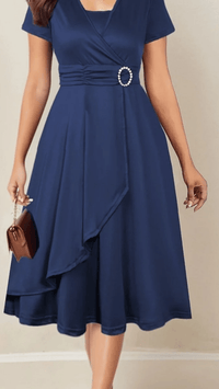 VELORÉA - Women’s Rhinestone V-Neck Asymmetrical Midi Dress