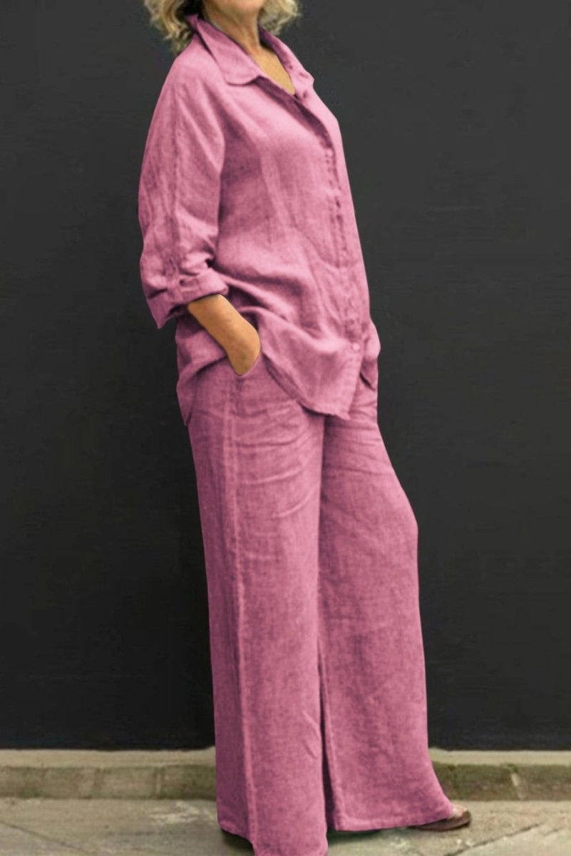 ALYONA – Relaxed Linen Collared Top & Loose Straight Pants