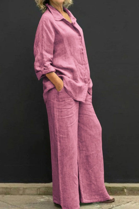 ALYONA – Relaxed Linen Collared Top & Loose Straight Pants
