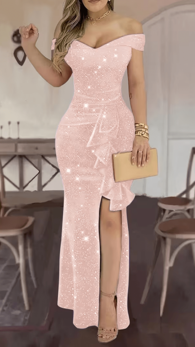 VELORÉNA - Women’s Off-Shoulder Sequin Asymmetrical Maxi Dress