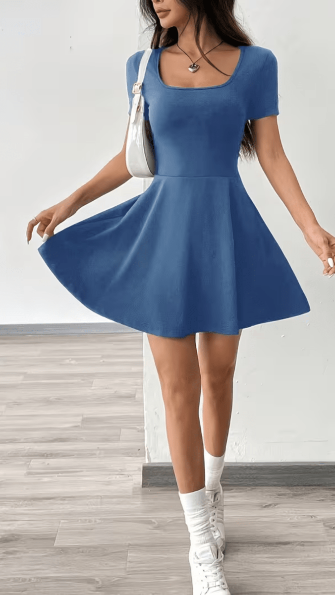 SOLÉNZA - Women’s Square Neck Fit and Flare Mini Dress