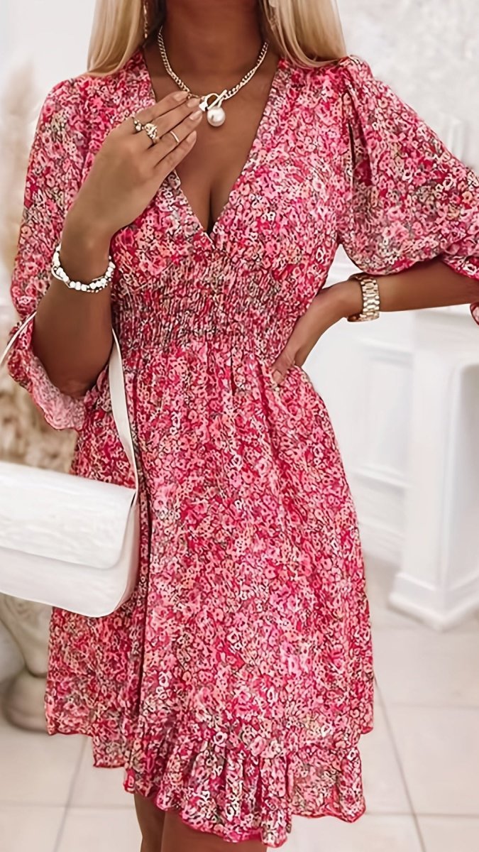 LUNAVERA - Women’s Bohemian Floral V-Neck Flutter Sleeve Dress