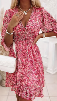 LUNAVERA - Women’s Bohemian Floral V-Neck Flutter Sleeve Dress