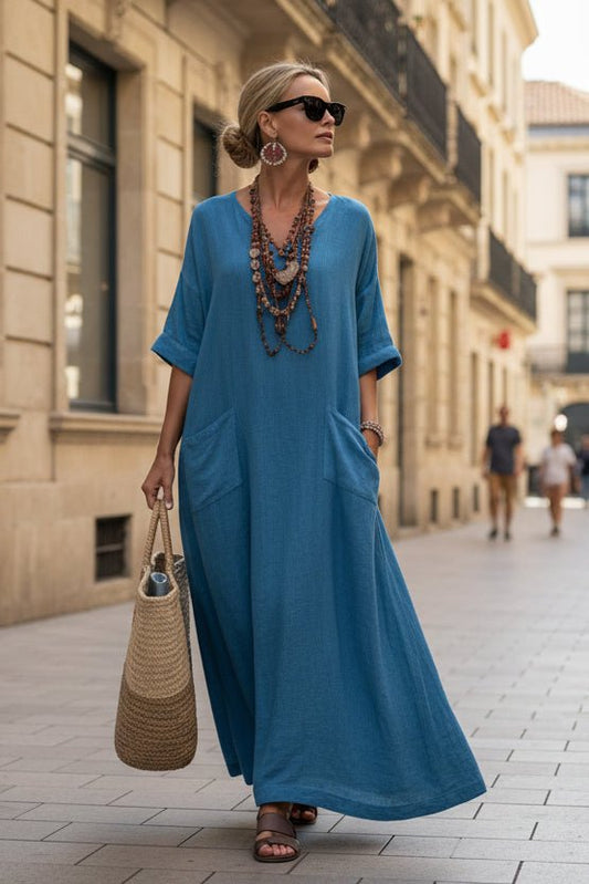 MARISOL – Sea Blue Lace-Up V-Neck Kaftan Dress