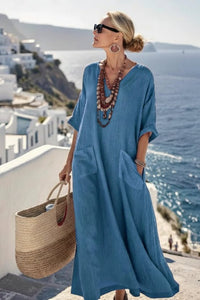 MARISOL – Sea Blue Lace-Up V-Neck Kaftan Dress