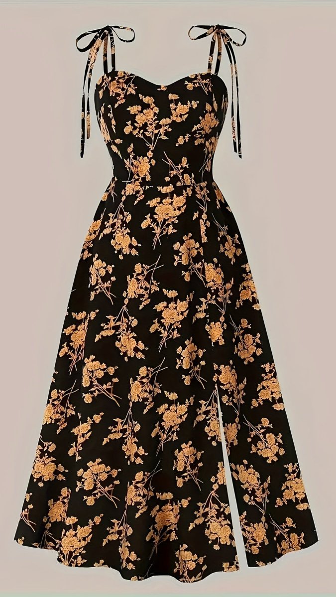 NYTHERIS - Women’s Floral Tie Strap Fit and Flare Maxi Dress