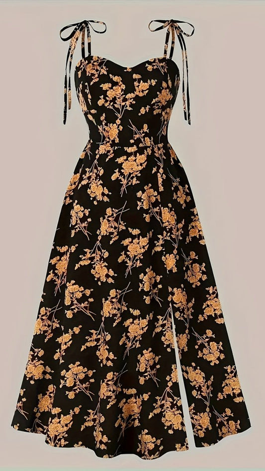 NYTHERIS - Women’s Floral Tie Strap Fit and Flare Maxi Dress