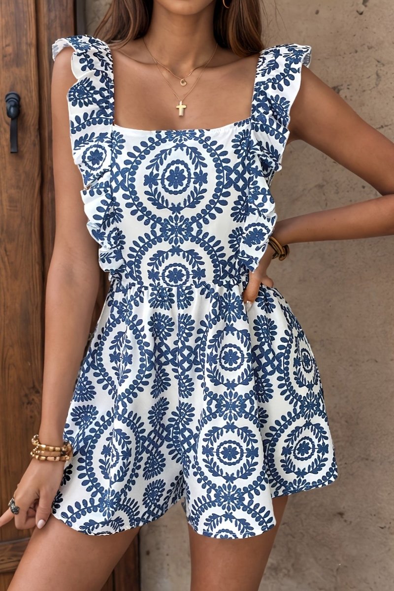 Tiffany – Sleeveless Ruffle Jumpsuit with Statement Print