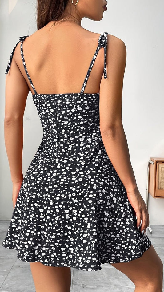 NOIRVIA - Women’s Floral Tie Strap Fit and Flare Mini Dress