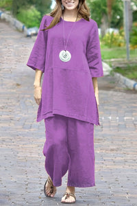 AUBRIANA – Plus Size Color-Block Linen Split Top & Wide-Leg Set