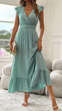 AZURELLE - Women’s Deep V-Neck Ruffle Sleeve Maxi Dress