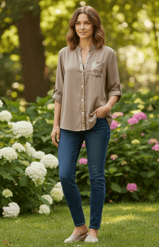 RAVINA – Soft Glitter Roll-Sleeve Blouse