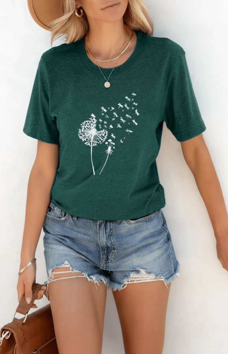 ZORELLA – Dandelion Print Crew Neck T-Shirt in Soft Cotton