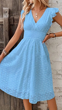 ELMIRA - Women’s Eyelet Lace V-Neck Midi Dress