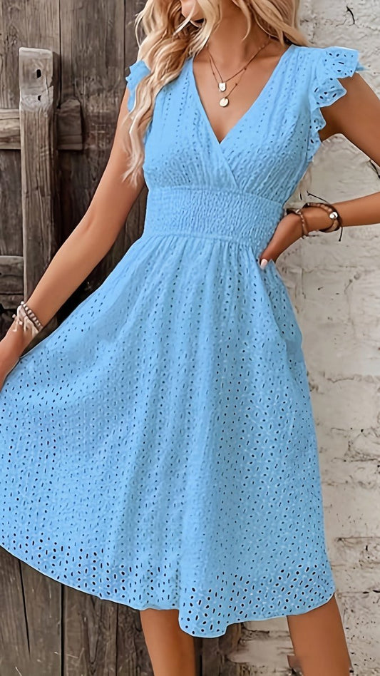 ELMIRA - Women’s Eyelet Lace V-Neck Midi Dress