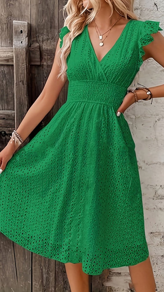 ELMIRA - Women’s Eyelet Lace V-Neck Midi Dress