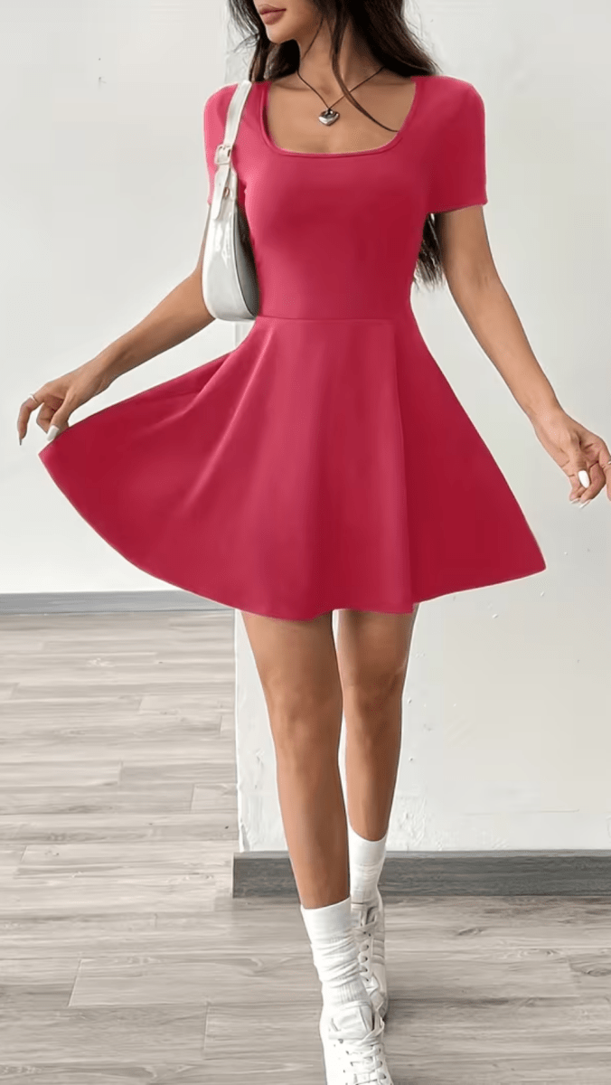 SOLÉNZA - Women’s Square Neck Fit and Flare Mini Dress