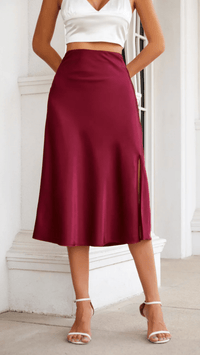 ALYVIA - Satin A Line Slit Midi Skirt