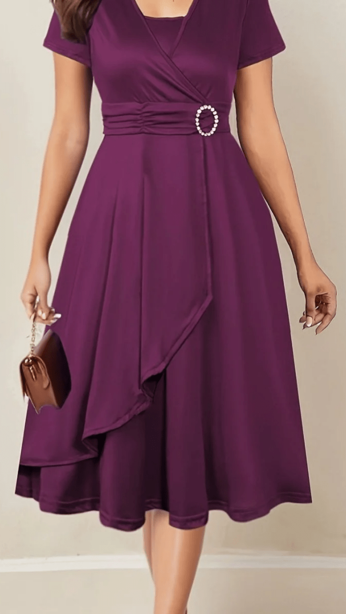 VELORÉA - Women’s Rhinestone V-Neck Asymmetrical Midi Dress