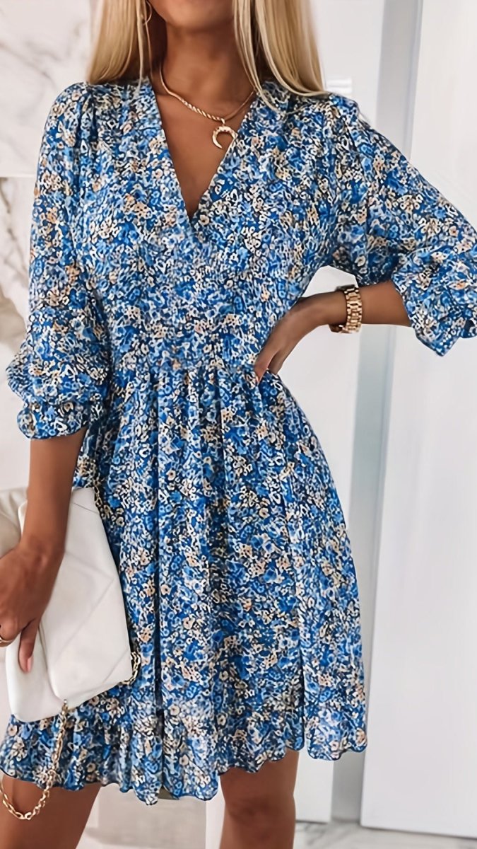 LUNAVERA - Women’s Bohemian Floral V-Neck Flutter Sleeve Dress