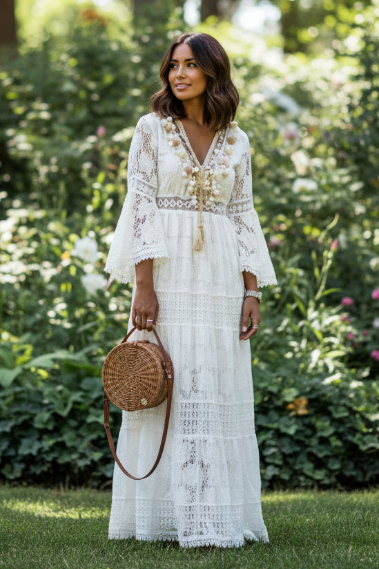 Boho Chic - Flowy V-Neck Maxi Dress for Women, Lightweight Long Sleeveless Sundress 0