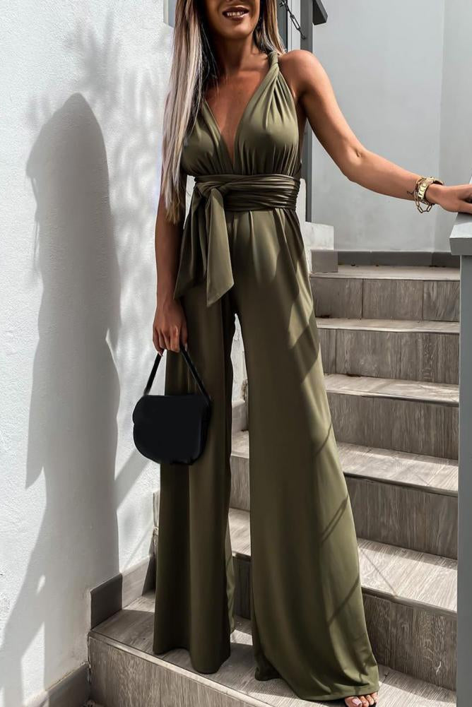 Chic Sleeveless Jumpsuit with Deep V-Neck, Belted Waist & Wide Legs 0