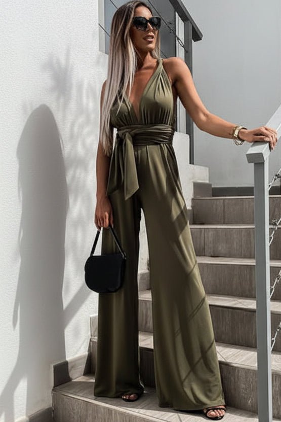 VOGUEVINE – Chic Sleeveless Jumpsuit Deep V-Neck Belted Wide Leg
