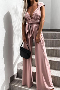 Chic Sleeveless Jumpsuit with Deep V-Neck, Belted Waist & Wide Legs 1