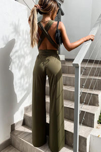 Chic Sleeveless Jumpsuit with Deep V-Neck, Belted Waist & Wide Legs 2