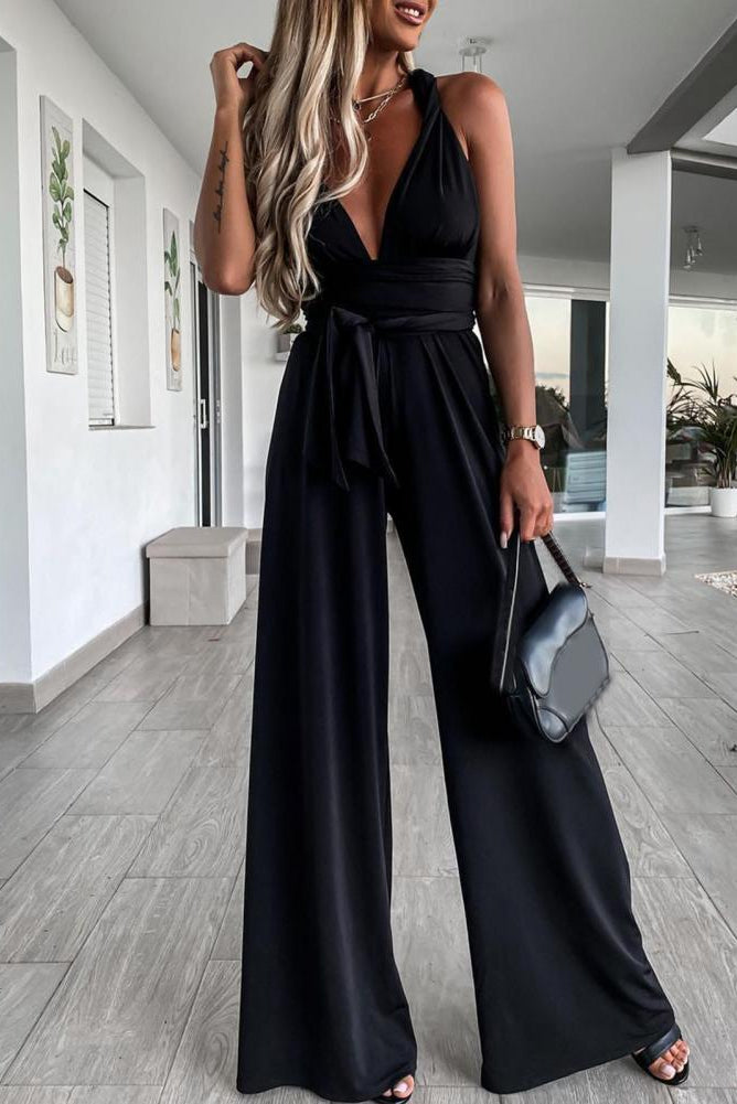 Chic Sleeveless Jumpsuit with Deep V-Neck, Belted Waist & Wide Legs 5