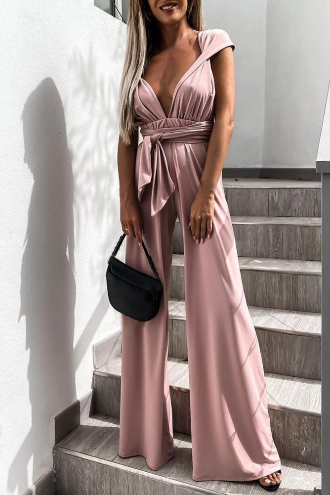 Chic Sleeveless Jumpsuit with Deep V-Neck, Belted Waist & Wide Legs 6