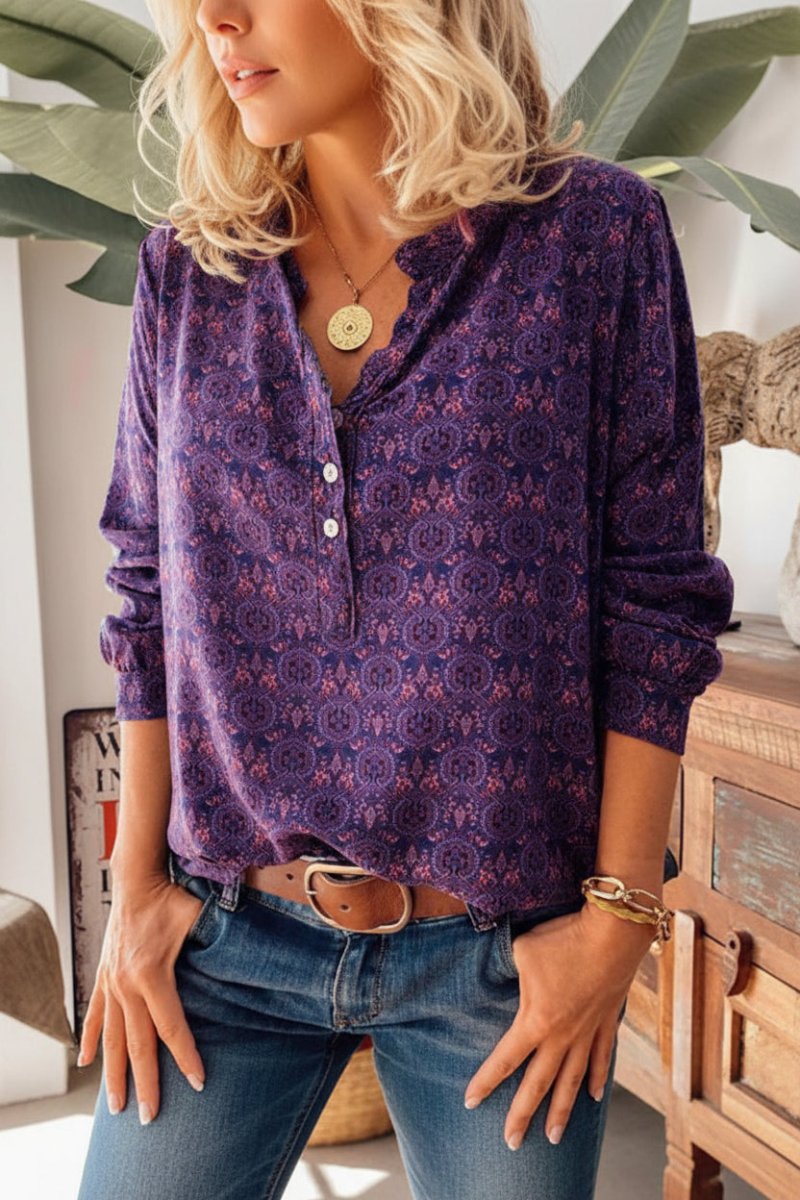 Chic Vintage Print Long Sleeve Blouse - Comfortable, Relaxed Fit for Effortless Style 1