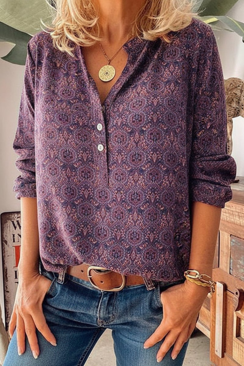 Chic Vintage Print Long Sleeve Blouse - Comfortable, Relaxed Fit for Effortless Style 2