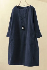 Chic Women's Midi Corduroy Dress with Pockets & Three-Quarter Sleeves 1