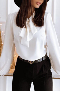 Elegant Bow Neck Long Sleeve Blouse for Women with Puffed Sleeves 2