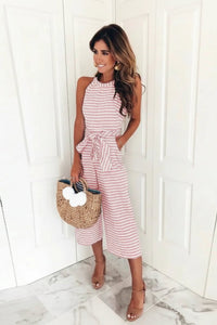 Elegant Halter Neck Jumpsuit with Classic Stripes and Belted Fit for Women 0