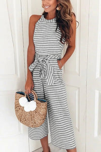 Elegant Halter Neck Jumpsuit with Classic Stripes and Belted Fit for Women 3